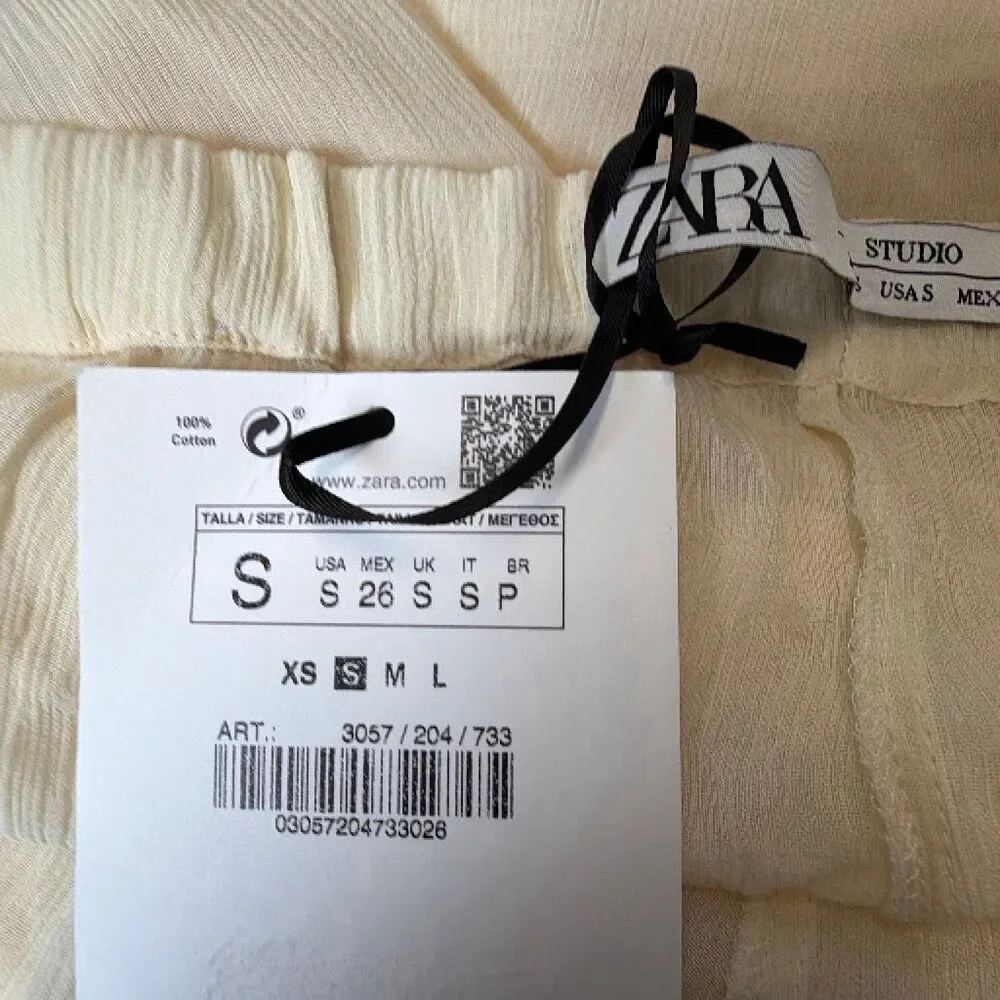 NWT Zara Studio Limited Edition Semi-Sheer Crinkled Wide Leg Pants Ivory Cream S